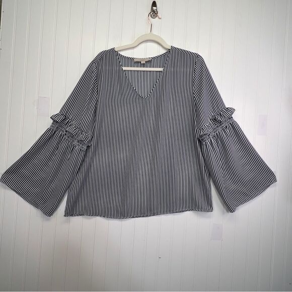 Ann Taylor LOFT Striped Ruffle Sleeve V-Neck Blouse Preppy Navy large - Picture 3 of 13